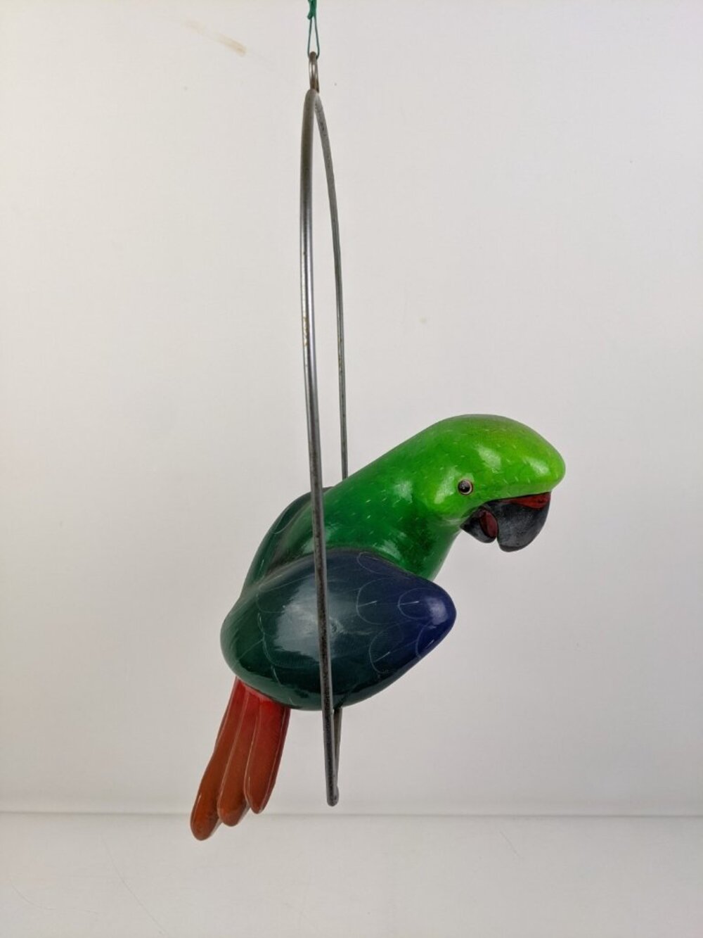 Vintage Ceramic Hand Painted Mexican Folk Art Hanging Parrot 12" Hanging Green